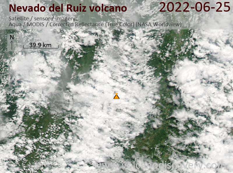 Спутниковое изображение вулкана Nevado del Ruiz 26 Jun 2022