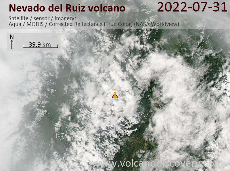Satellite image of Nevado del Ruiz volcano on  1 Aug 2022