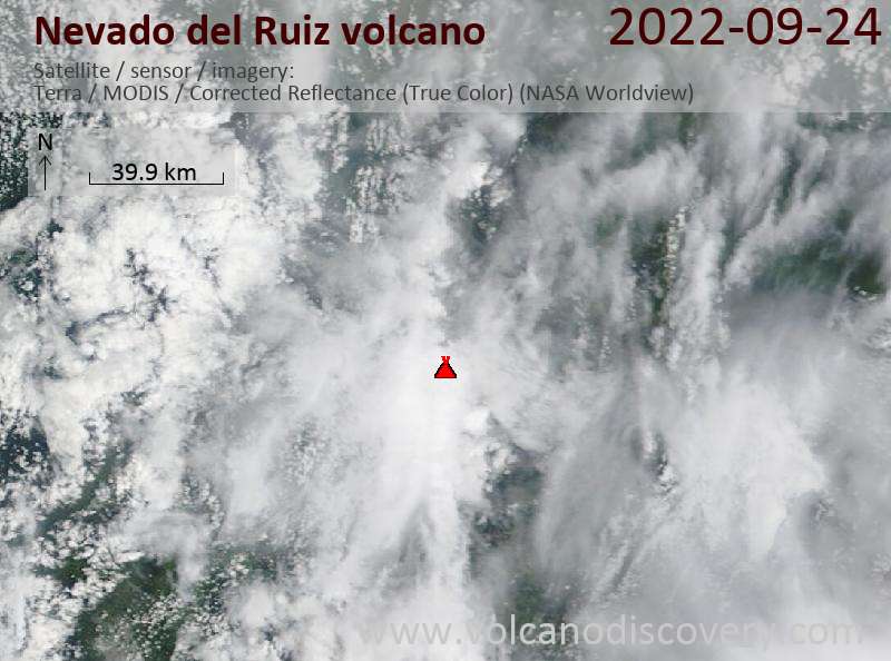 Satellite image of Nevado del Ruiz volcano on 24 Sep 2022