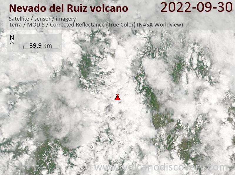 Satellite image of Nevado del Ruiz volcano on 30 Sep 2022