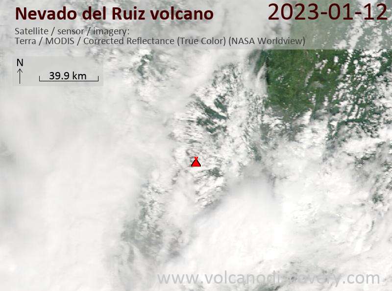 Satellite image of Nevado del Ruiz volcano on 12 Jan 2023
