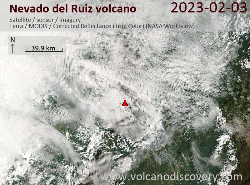 Satellitenbild des Nevado del Ruiz Vulkans am  3 Feb 2023