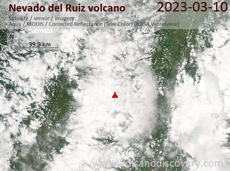 Satellite image of Nevado del Ruiz volcano on 11 Mar 2023