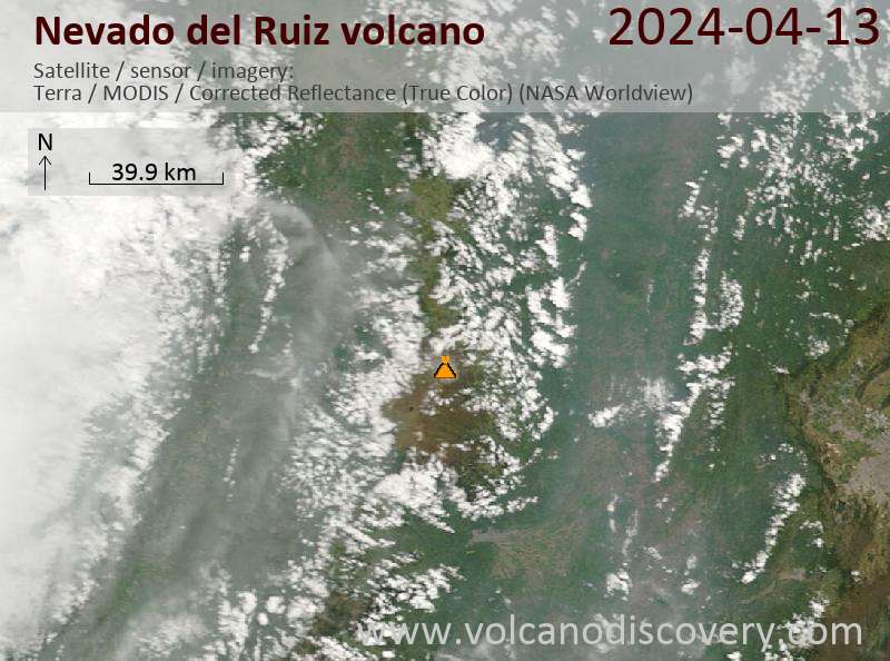 Satellitenbild des Nevado del Ruiz Vulkans am 13 Apr 2024