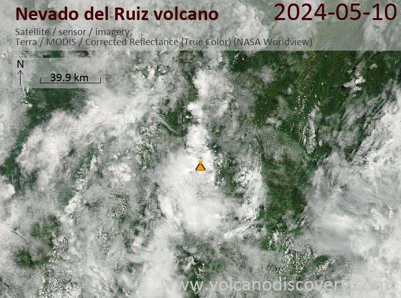 Satellitenbild des Nevado del Ruiz Vulkans am 10 May 2024