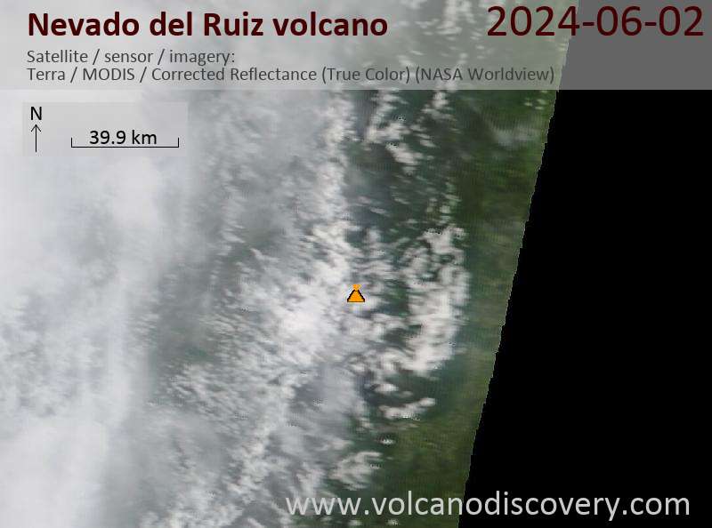 Satellite image of Nevado del Ruiz volcano on  2 Jun 2024
