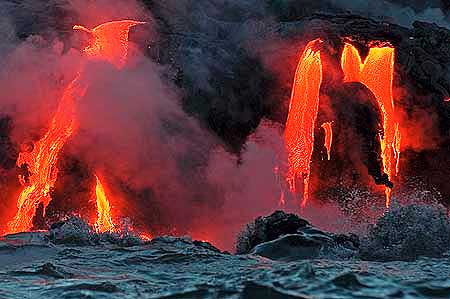 Close-up of streams of lava running into the sea