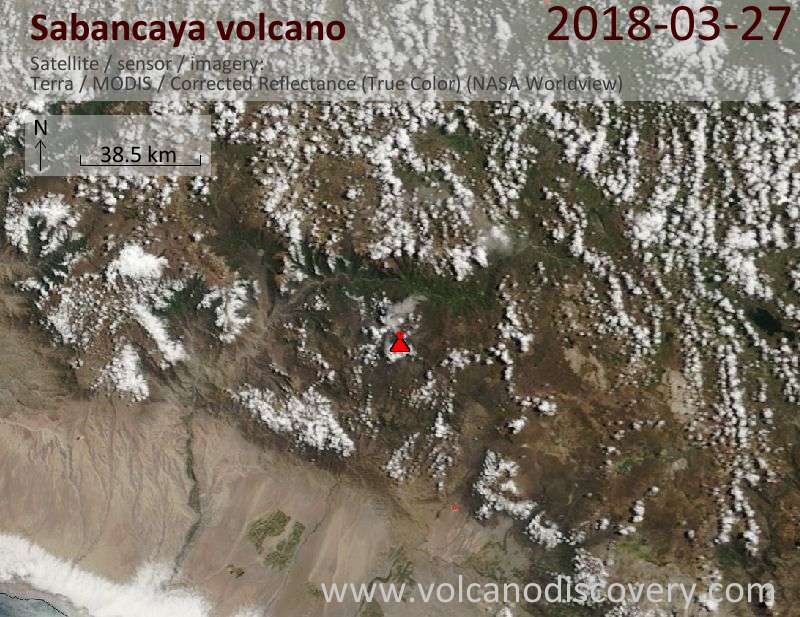 Satellite image of Sabancaya volcano on 27 Mar 2018