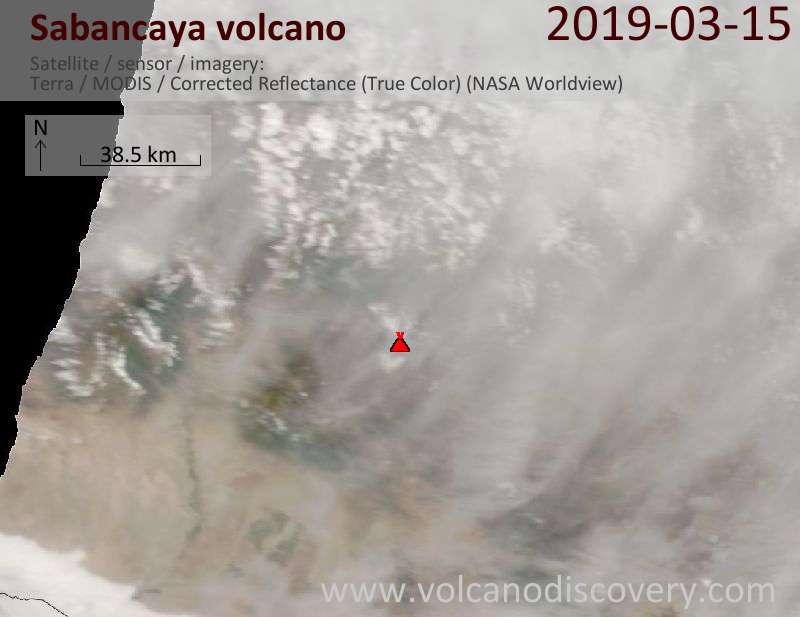 Satellitenbild des Sabancaya Vulkans am 15 Mar 2019