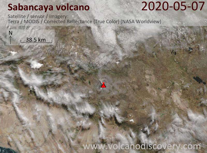 Satellitenbild des Sabancaya Vulkans am  7 May 2020