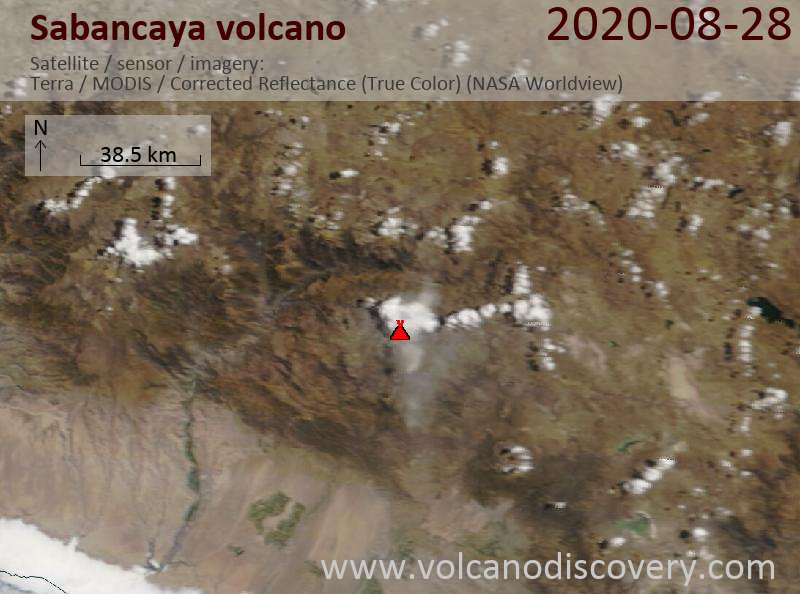 Satellite image of Sabancaya volcano on 28 Aug 2020