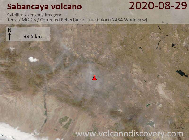 Satellite image of Sabancaya volcano on 29 Aug 2020