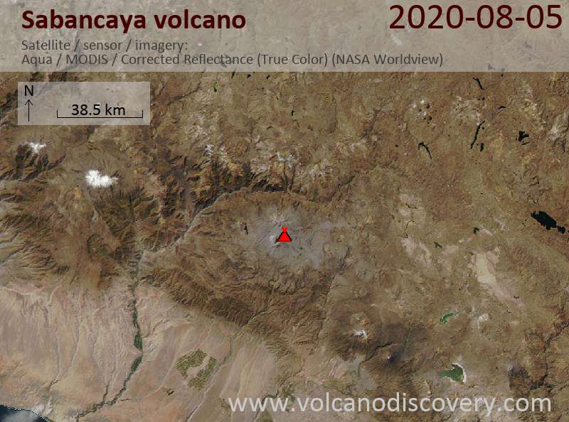 Satellite image of Sabancaya volcano on  6 Aug 2020