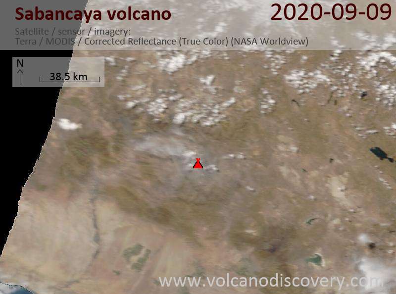 Satellite image of Sabancaya volcano on  9 Sep 2020
