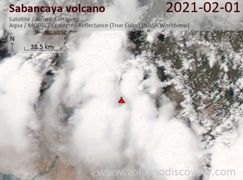 Satellite image of Sabancaya volcano on  1 Feb 2021