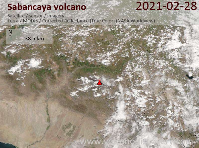 Satellite image of Sabancaya volcano on 28 Feb 2021