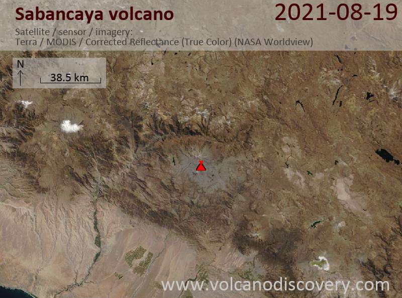 Satellite image of Sabancaya volcano on 19 Aug 2021