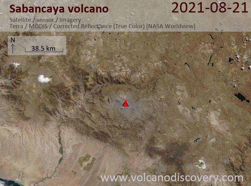 Satellite image of Sabancaya volcano on 21 Aug 2021