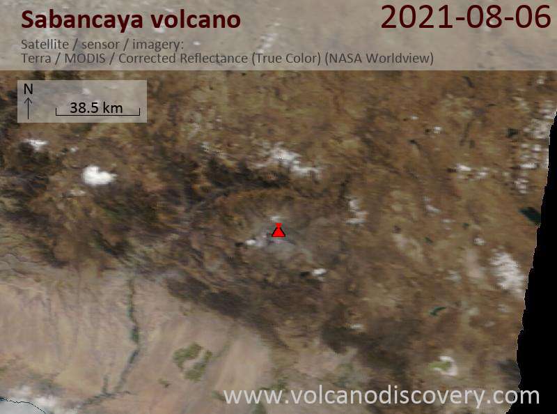 Satellite image of Sabancaya volcano on  7 Aug 2021