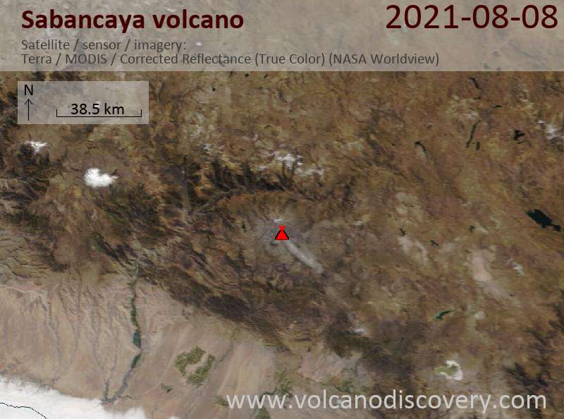 Satellite image of Sabancaya volcano on  9 Aug 2021