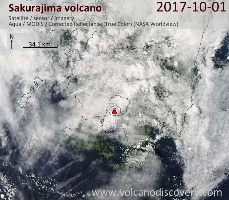 Satellite image of Sakurajima volcano on  1 Oct 2017