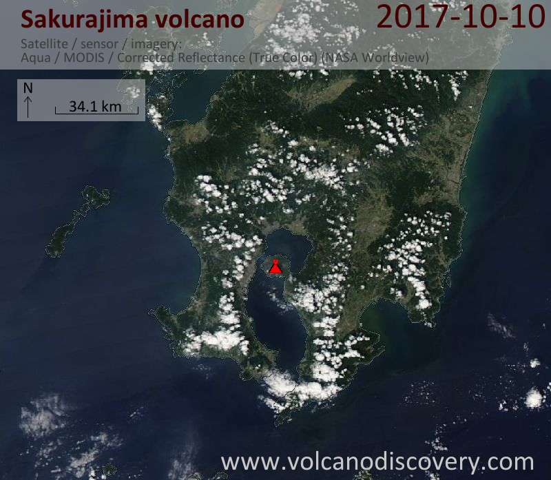 Satellite image of Sakurajima volcano on 10 Oct 2017