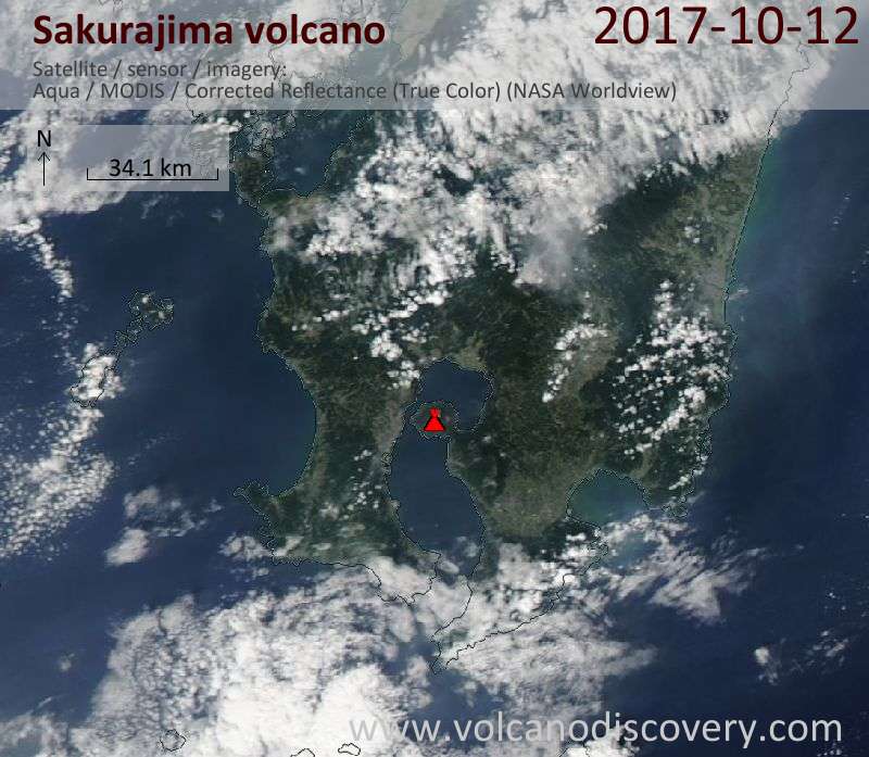 Satellite image of Sakurajima volcano on 12 Oct 2017