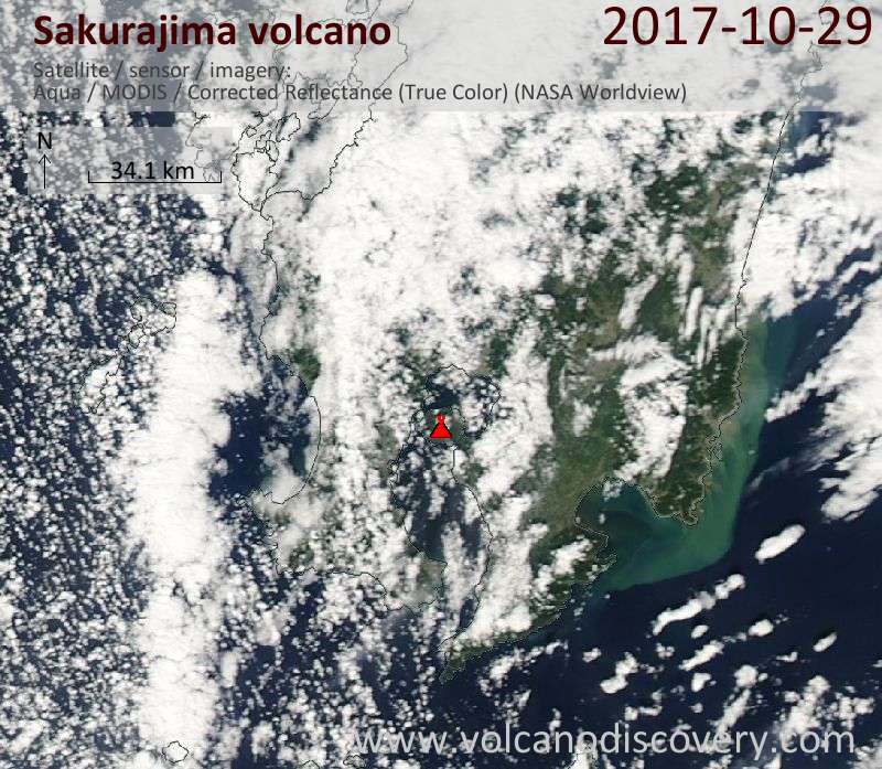 Satellite image of Sakurajima volcano on 29 Oct 2017