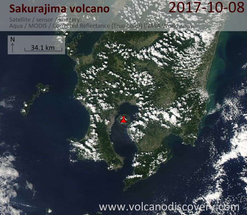 Satellite image of Sakurajima volcano on  8 Oct 2017