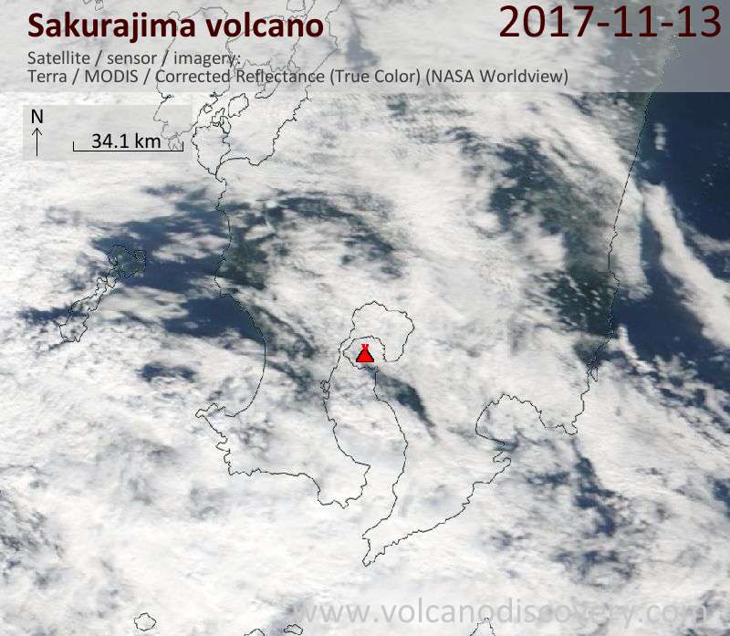 Satellite image of Sakurajima volcano on 13 Nov 2017