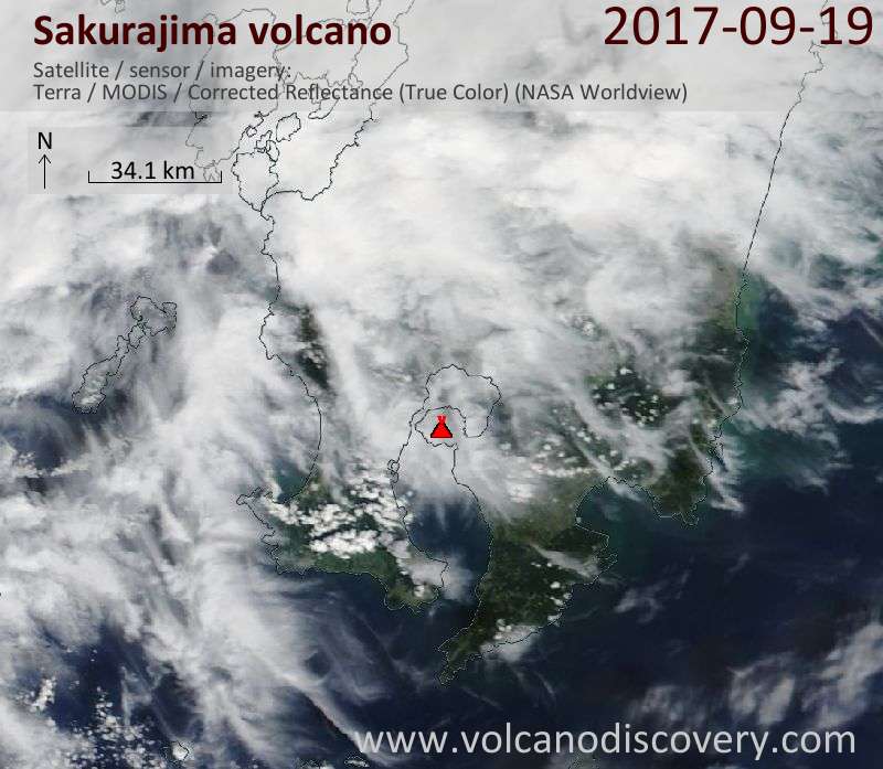Satellite image of Sakurajima volcano on 19 Sep 2017