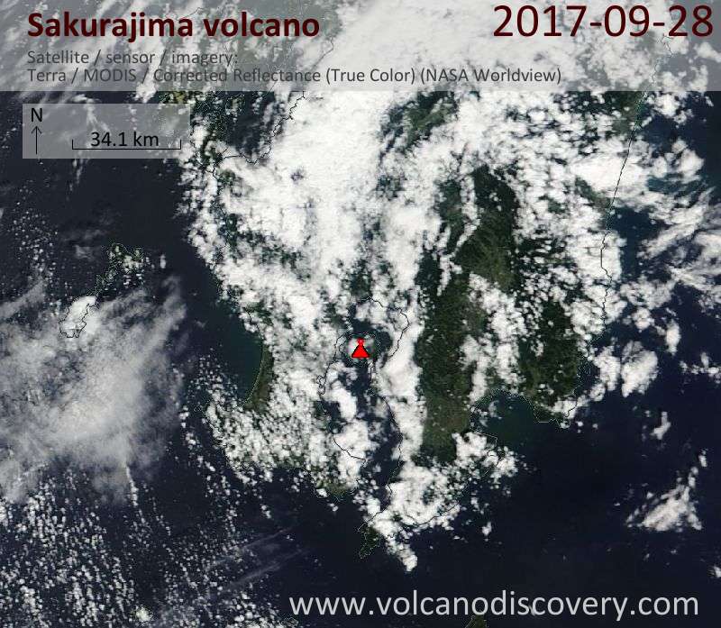 Satellite image of Sakurajima volcano on 28 Sep 2017