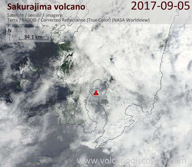 Satellite image of Sakurajima volcano on  5 Sep 2017