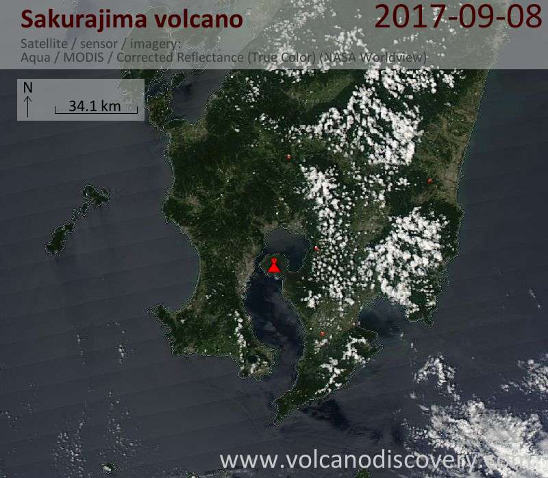 Satellite image of Sakurajima volcano on  8 Sep 2017