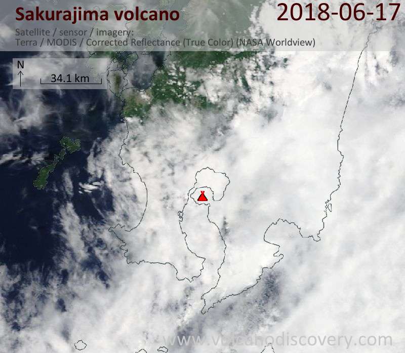 Satellite image of Sakurajima volcano on 17 Jun 2018
