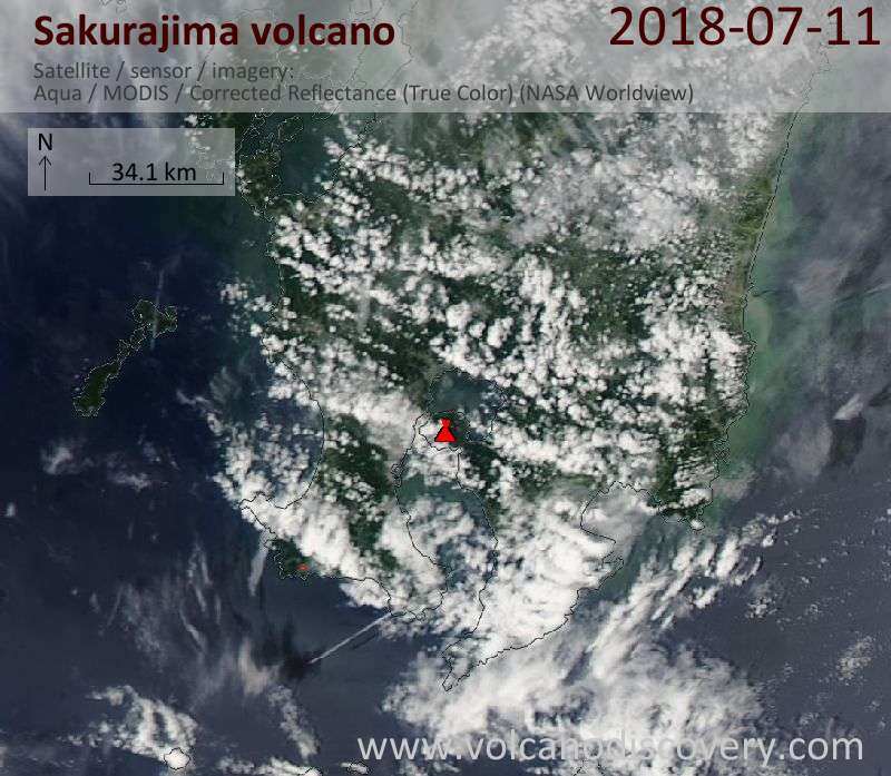 Satellite image of Sakurajima volcano on 11 Jul 2018
