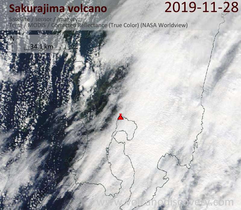 Satellite image of Sakurajima volcano on 28 Nov 2019
