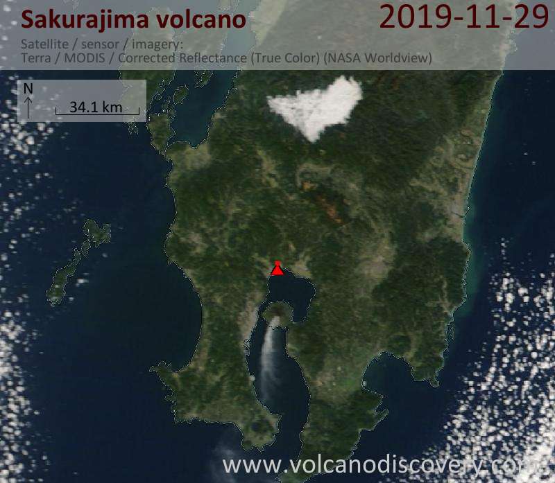 Satellite image of Sakurajima volcano on 29 Nov 2019
