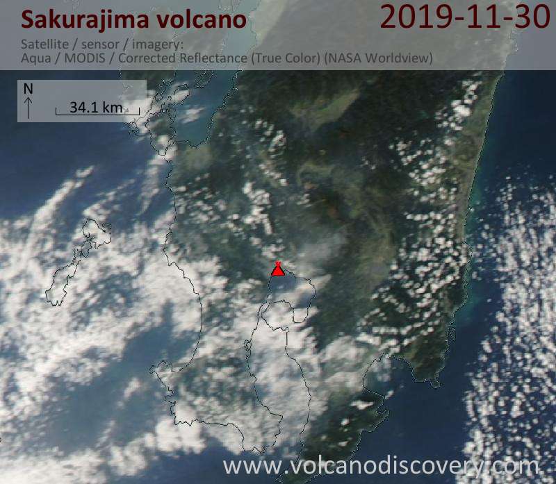 Satellite image of Sakurajima volcano on  1 Dec 2019