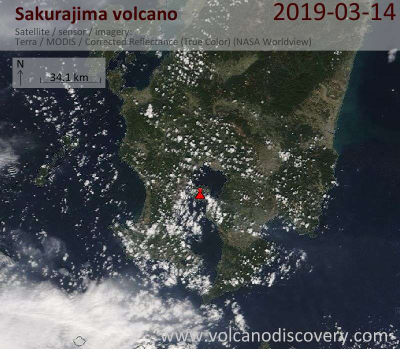 Satellite image of Sakurajima volcano on 14 Mar 2019