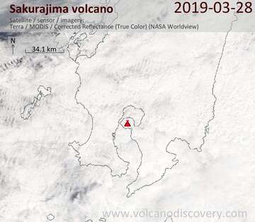 Satellite image of Sakurajima volcano on 28 Mar 2019