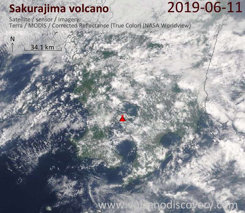 Satellite image of Sakurajima volcano on 11 Jun 2019