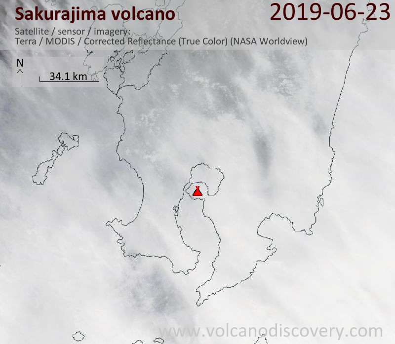 Satellite image of Sakurajima volcano on 23 Jun 2019