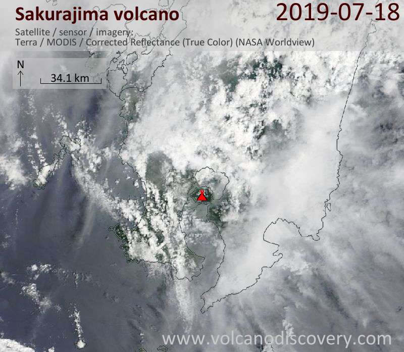 Satellite image of Sakurajima volcano on 18 Jul 2019