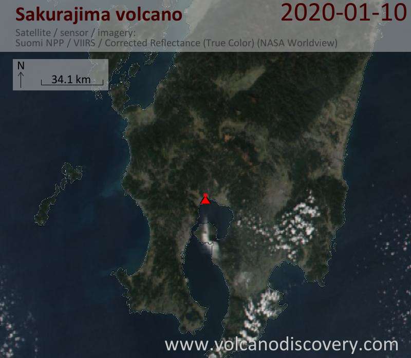 Satellite image of Sakurajima volcano on 10 Jan 2020