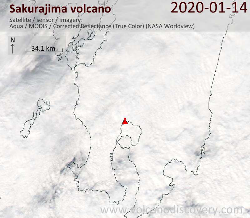 Satellite image of Sakurajima volcano on 15 Jan 2020