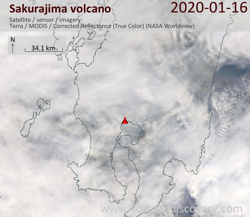 Satellite image of Sakurajima volcano on 16 Jan 2020