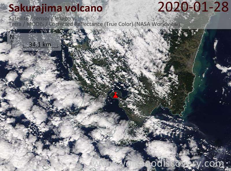 Satellite image of Sakurajima volcano on 29 Jan 2020