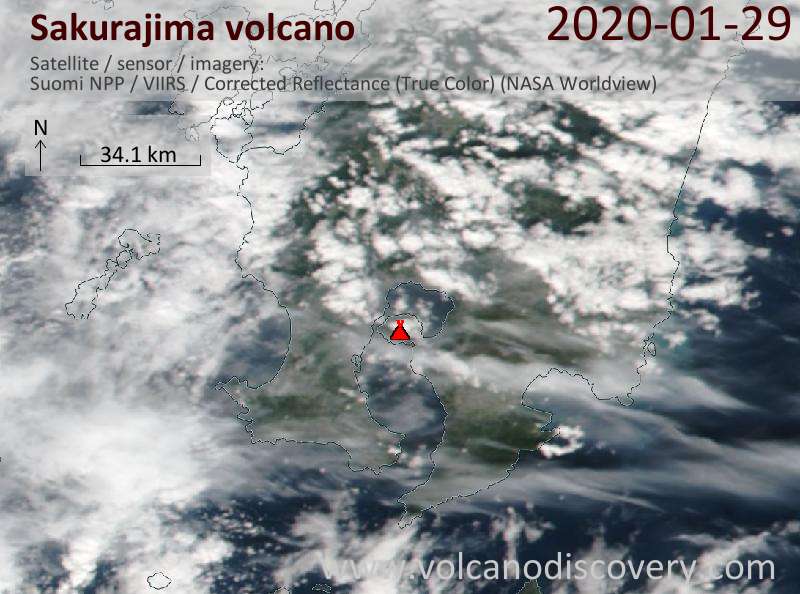 Satellite image of Sakurajima volcano on 30 Jan 2020