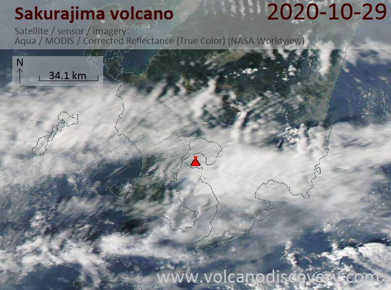 Satellite image of Sakurajima volcano on 29 Oct 2020